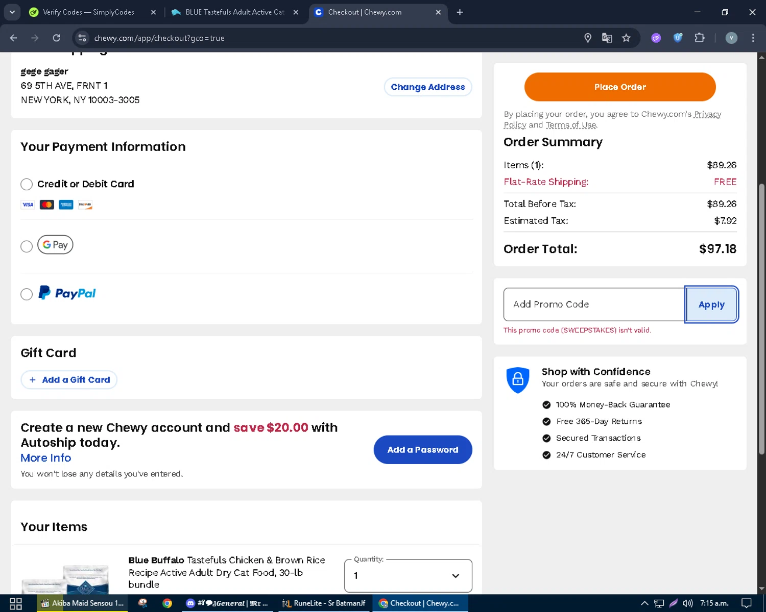 Blue Buffalo promo code screenshot showing code SWEEPSTAKES applied at Blue Buffalo checkout page. Uploaded by SimplyCodes community member charmander589 on Jul 31, 2025