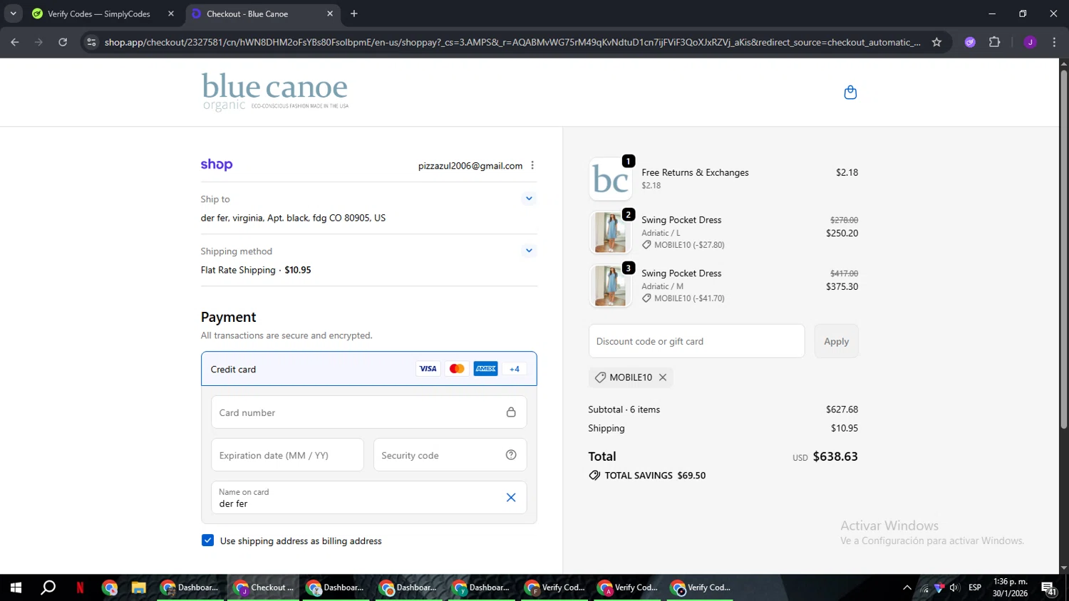 Blue Canoe discount code screenshot showing code MOBILE10 applied at Blue Canoe checkout page. Uploaded by SimplyCodes community member ComeBurra123 on Jan 30, 2026