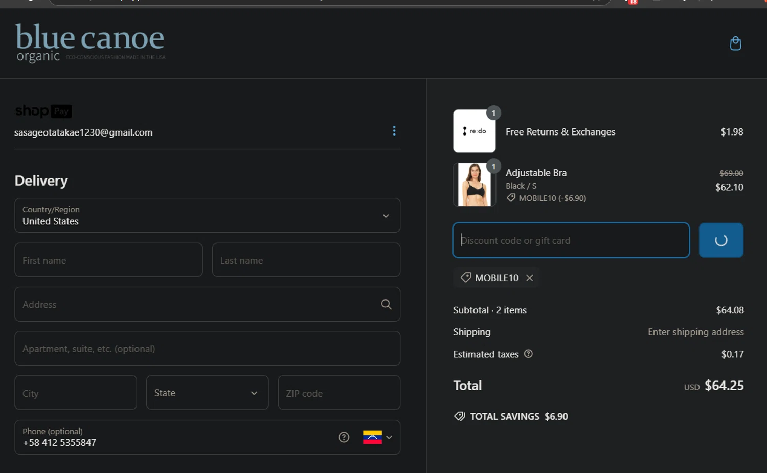 Blue Canoe discount code screenshot showing code MOBILE10 applied at Blue Canoe checkout page. Uploaded by SimplyCodes community member PedroNavaja on Mar 9, 2025