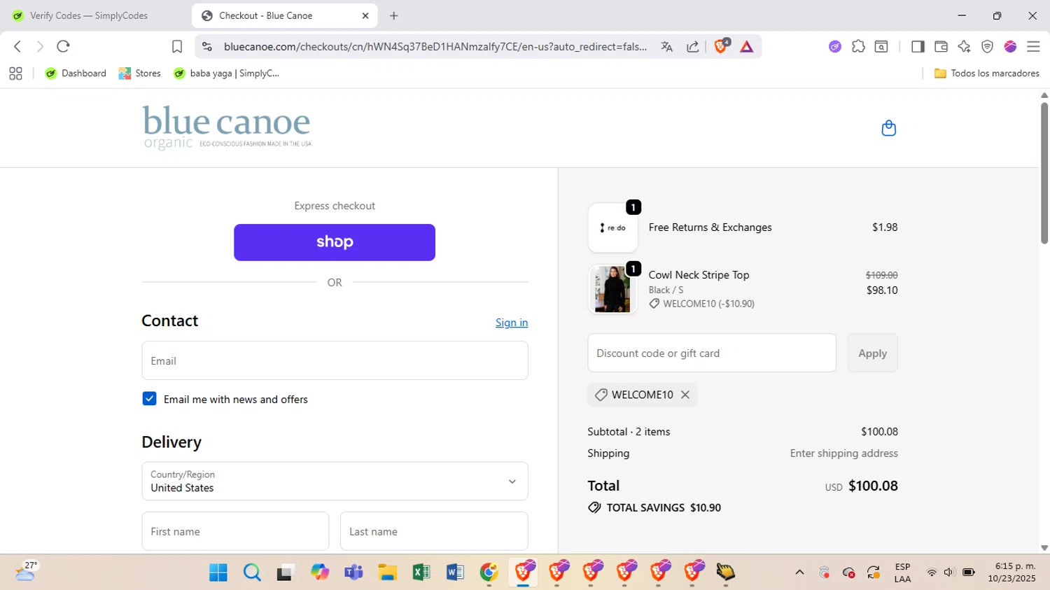 Blue Canoe discount code screenshot showing code WELCOME10 applied at Blue Canoe checkout page. Uploaded by SimplyCodes community member BrilliantSpotter8809 on Oct 23, 2025