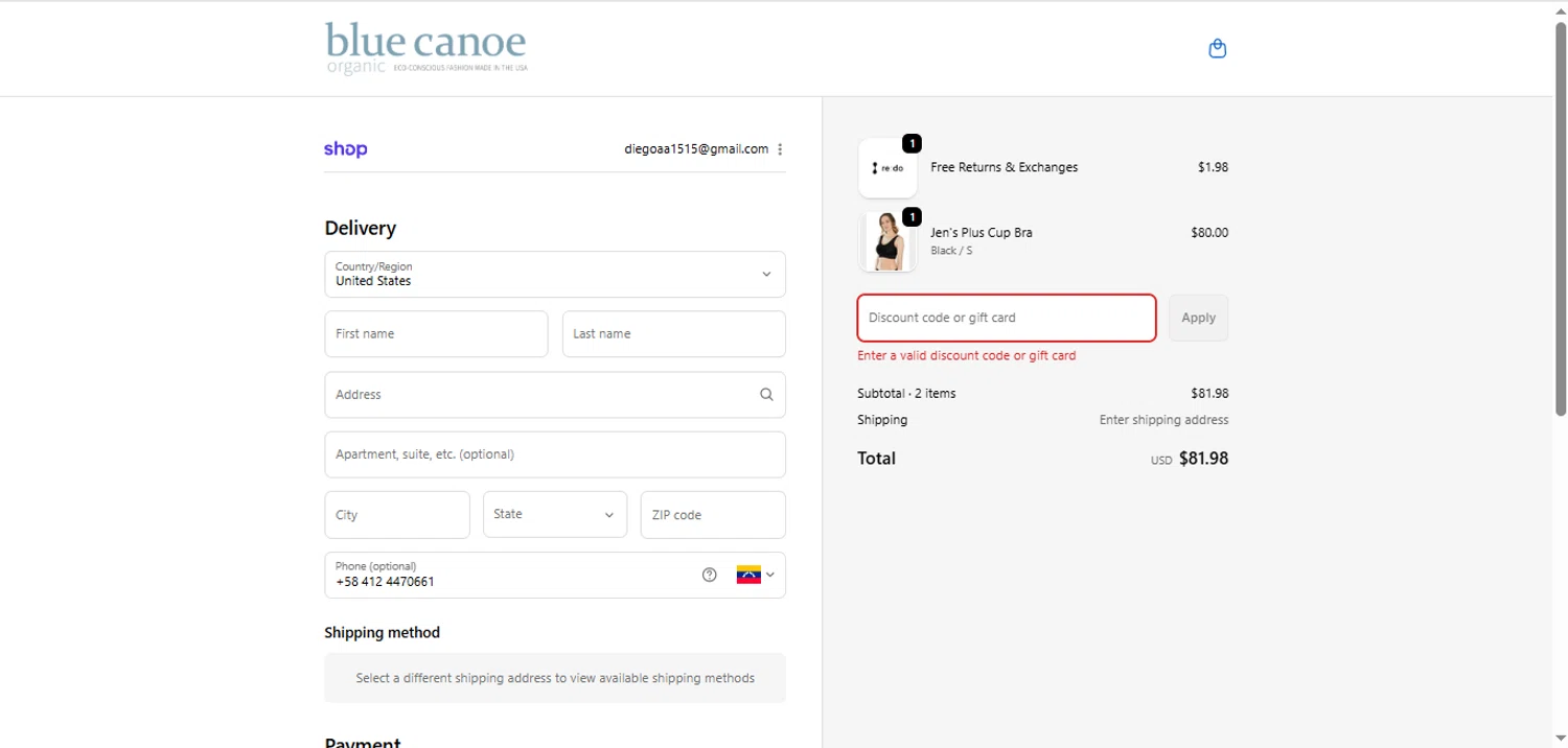 Blue Canoe discount code screenshot showing code fallbras applied at Blue Canoe checkout page. Uploaded by SimplyCodes community member BargainShopper1384 on Nov 15, 2025