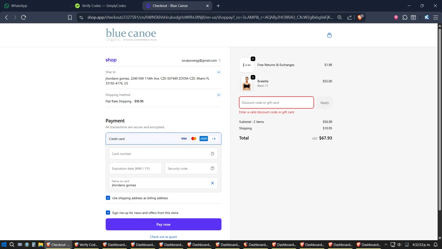 Blue Canoe discount code screenshot showing code fallbras applied at Blue Canoe checkout page. Uploaded by SimplyCodes community member SimplyGOAT on Nov 15, 2025