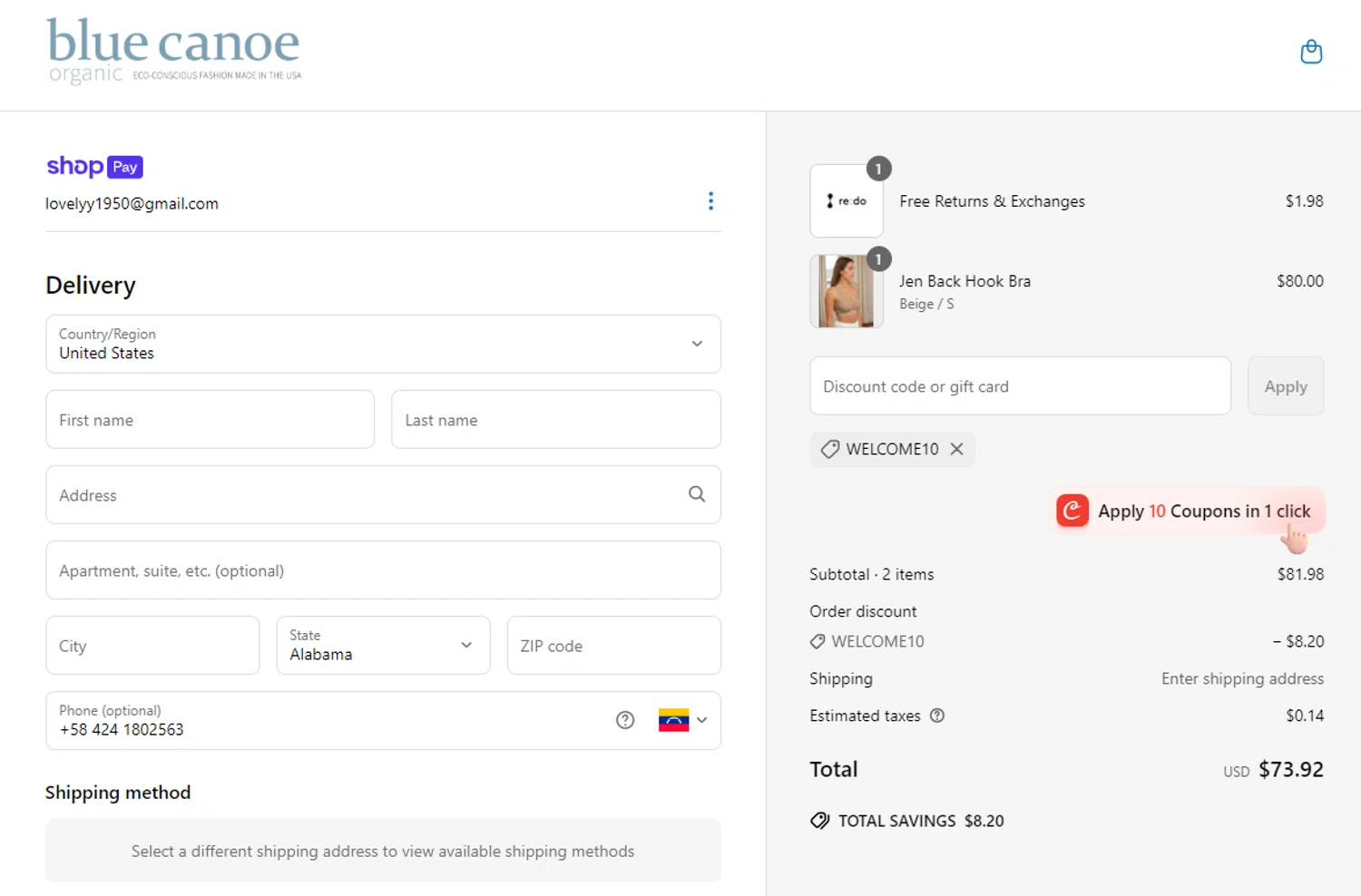 Blue Canoe discount code screenshot showing code WELCOME10 applied at Blue Canoe checkout page. Uploaded by SimplyCodes community member RoYoK88 on May 24, 2025