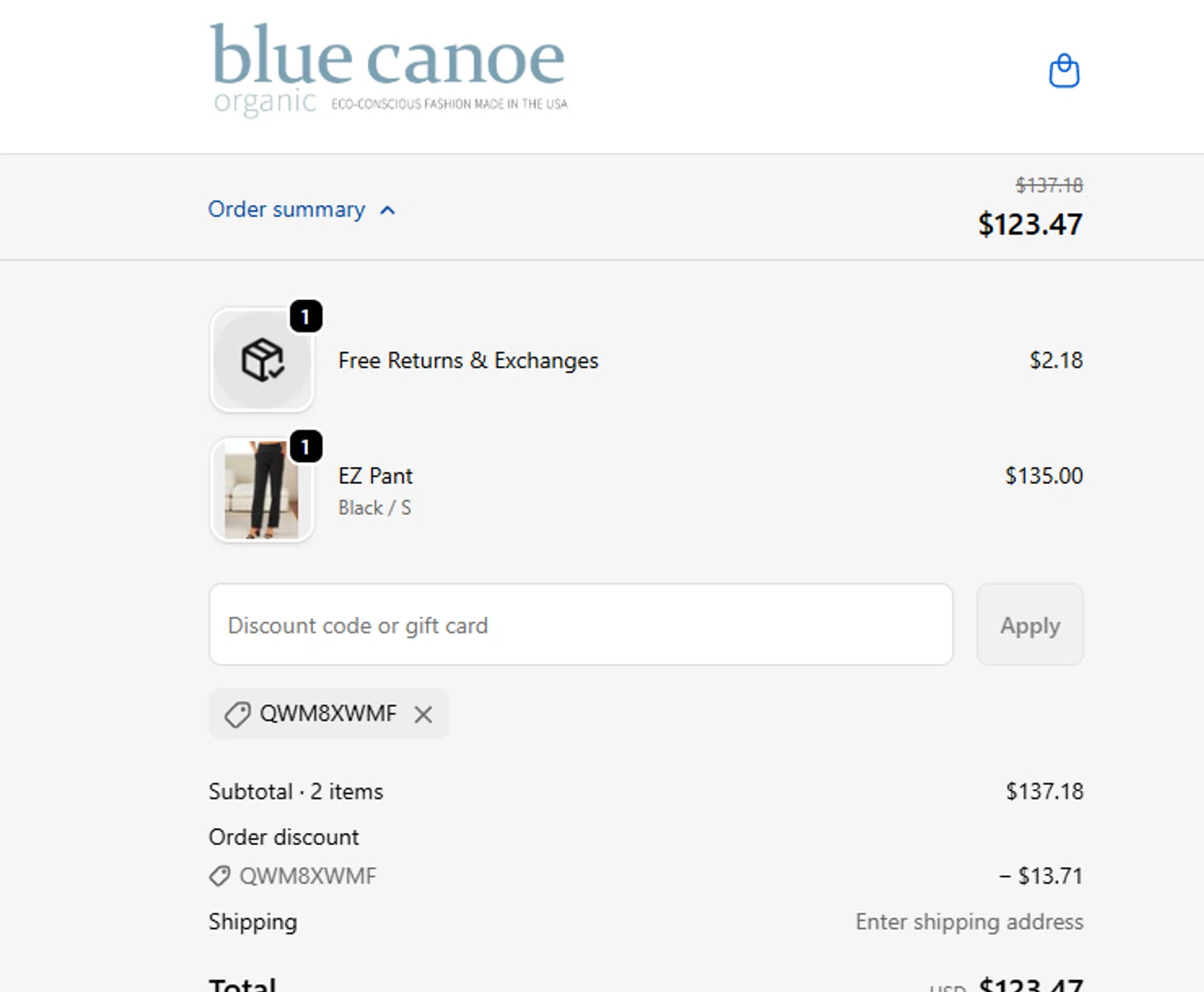 Blue Canoe discount code screenshot showing code QWM8XWMF applied at Blue Canoe checkout page. Uploaded by SimplyCodes community member chepipi on Jan 9, 2026