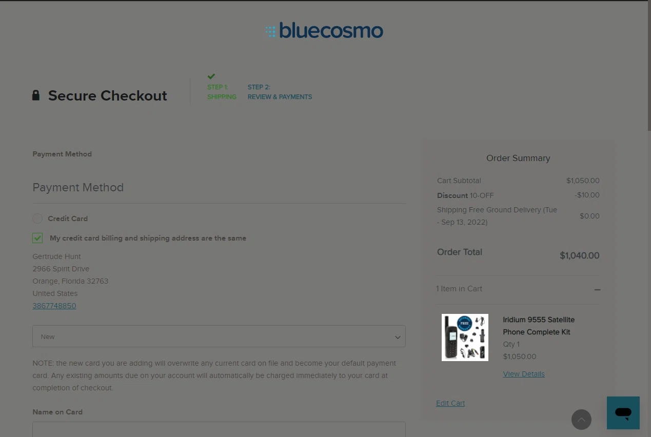 BlueCosmo checkout page showing BlueCosmo promo code box | Screenshot taken by SimplyCodes community member on Sep 6, 2022