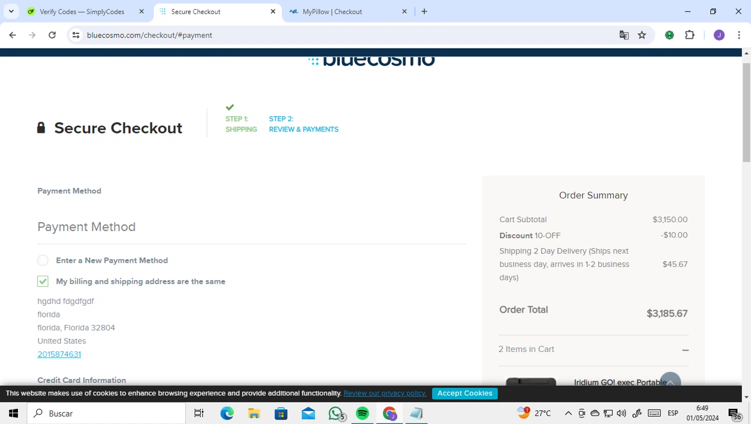 BlueCosmo checkout page showing BlueCosmo promo code box | Screenshot taken by SimplyCodes community member on May 1, 2024