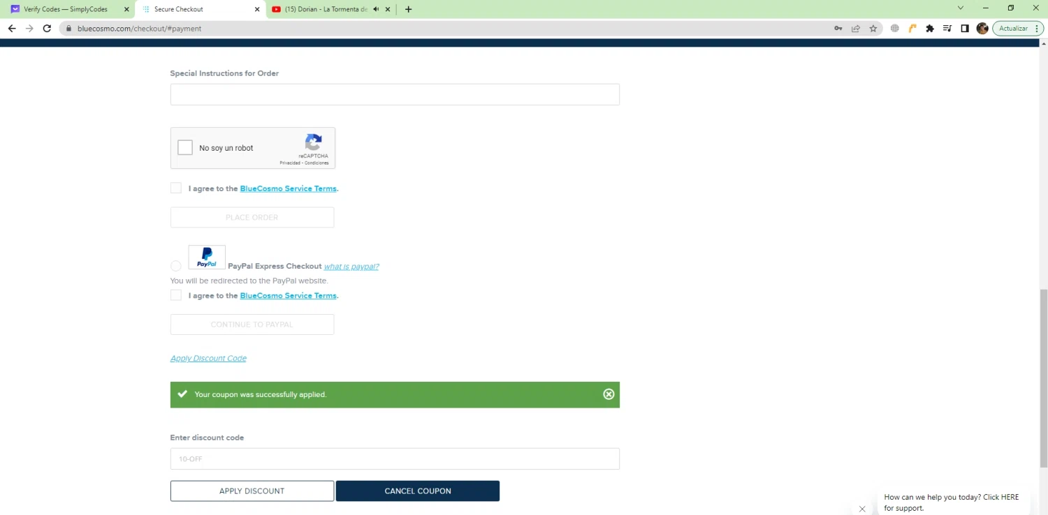 BlueCosmo checkout page showing BlueCosmo promo code box | Screenshot taken by SimplyCodes community member on Mar 25, 2023