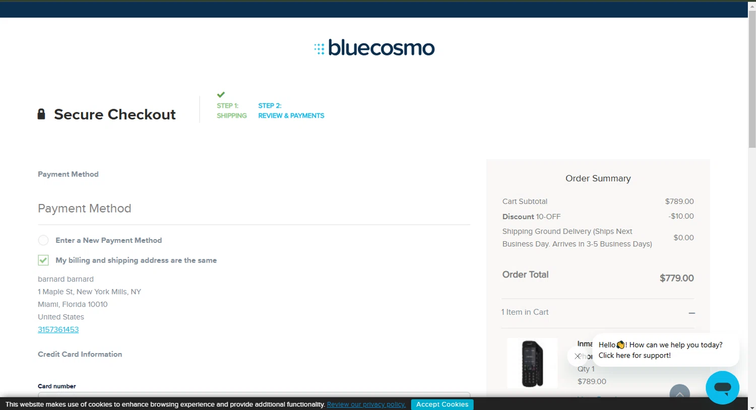BlueCosmo checkout page showing BlueCosmo promo code box | Screenshot taken by SimplyCodes community member on Nov 1, 2024
