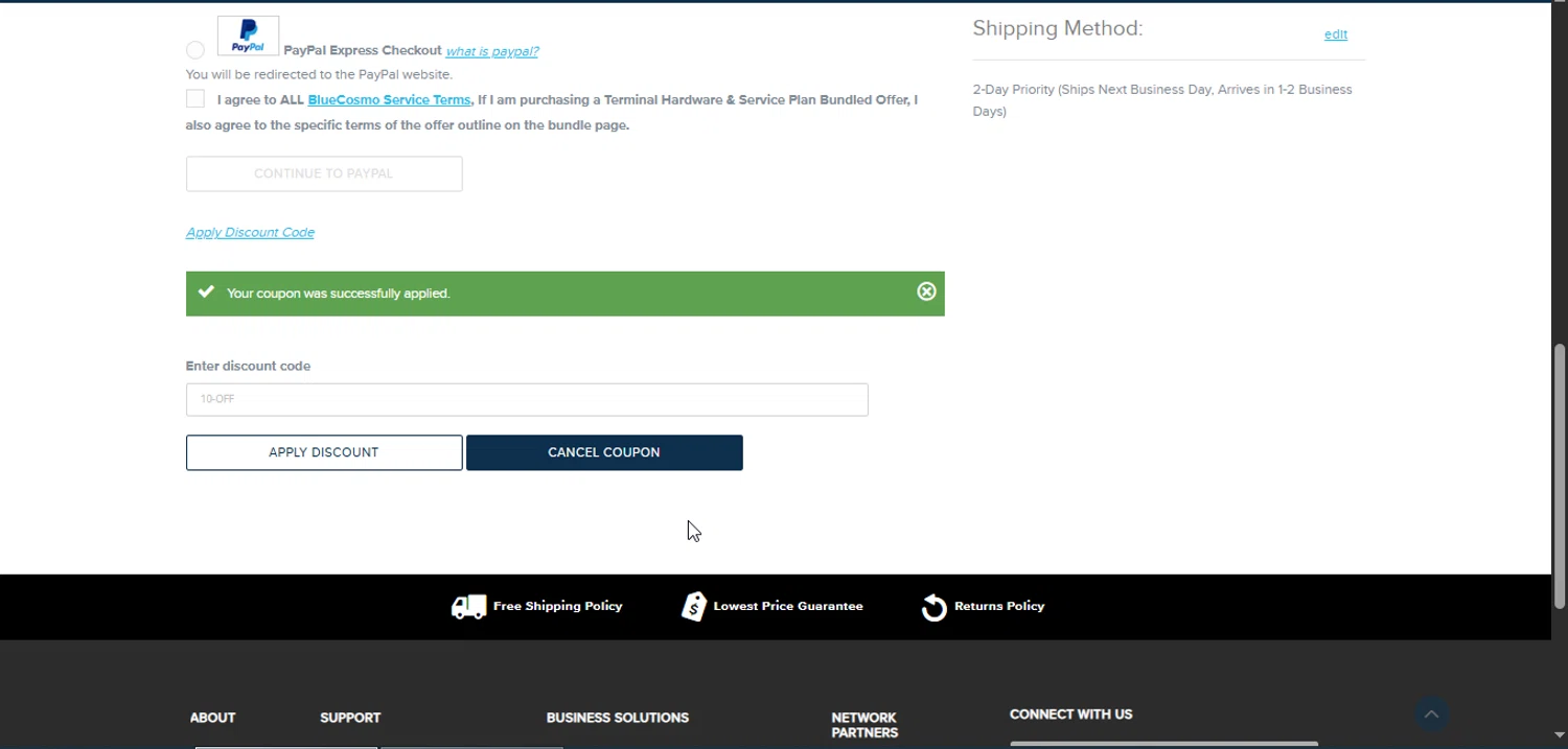 BlueCosmo promo code screenshot showing code 10-OFF applied at BlueCosmo checkout page. Uploaded by SimplyCodes community member Rayyyyyy on May 14, 2025