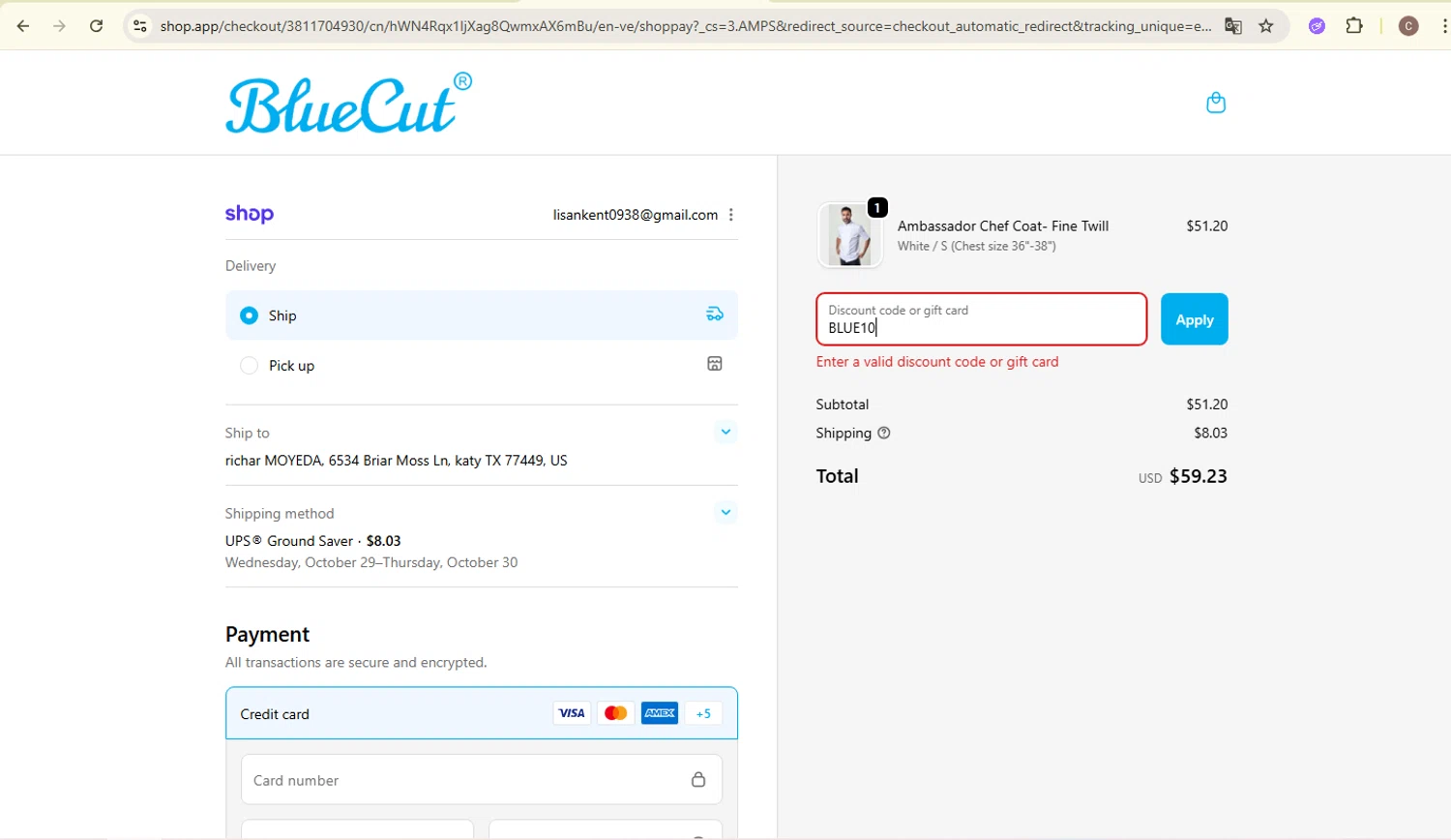 BlueCut promo code screenshot showing code BLUE10 applied at BlueCut checkout page. Uploaded by SimplyCodes community member carlosra07 on Oct 23, 2025