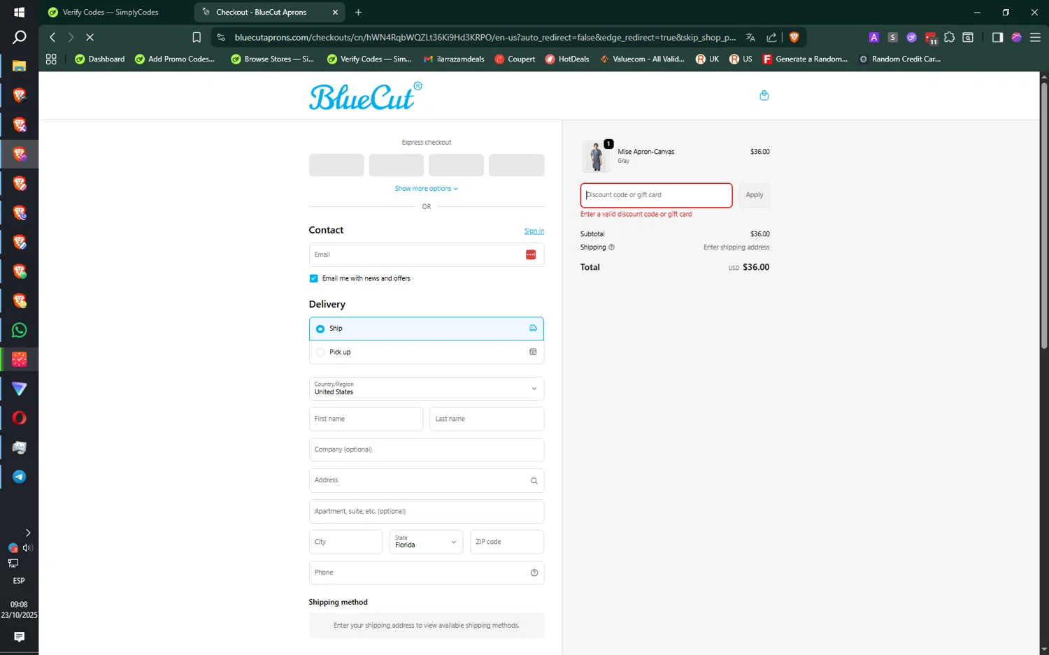 BlueCut promo code screenshot showing code BLUE10 applied at BlueCut checkout page. Uploaded by SimplyCodes community member jMoya06 on Oct 23, 2025