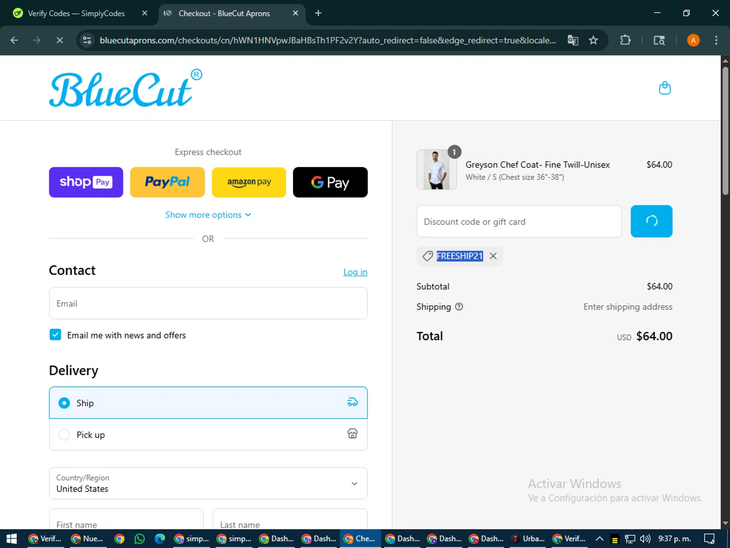 BlueCut promo code screenshot showing code freeship21 applied at BlueCut checkout page. Uploaded by SimplyCodes community member MoneyPhoenix4664 on Aug 1, 2025