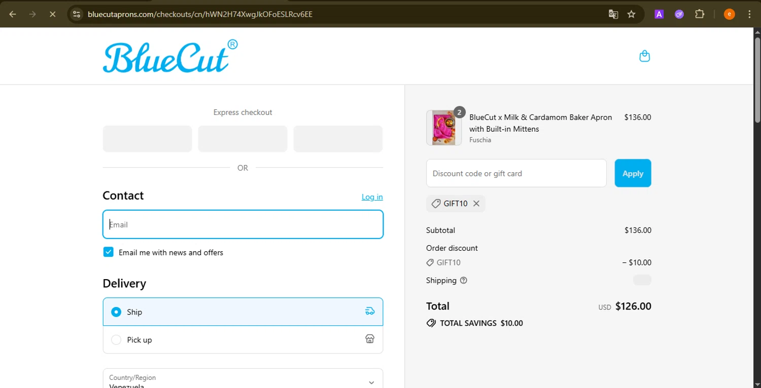 BlueCut promo code screenshot showing code gift10 applied at BlueCut checkout page. Uploaded by SimplyCodes community member NobleElite1598 on Aug 27, 2025