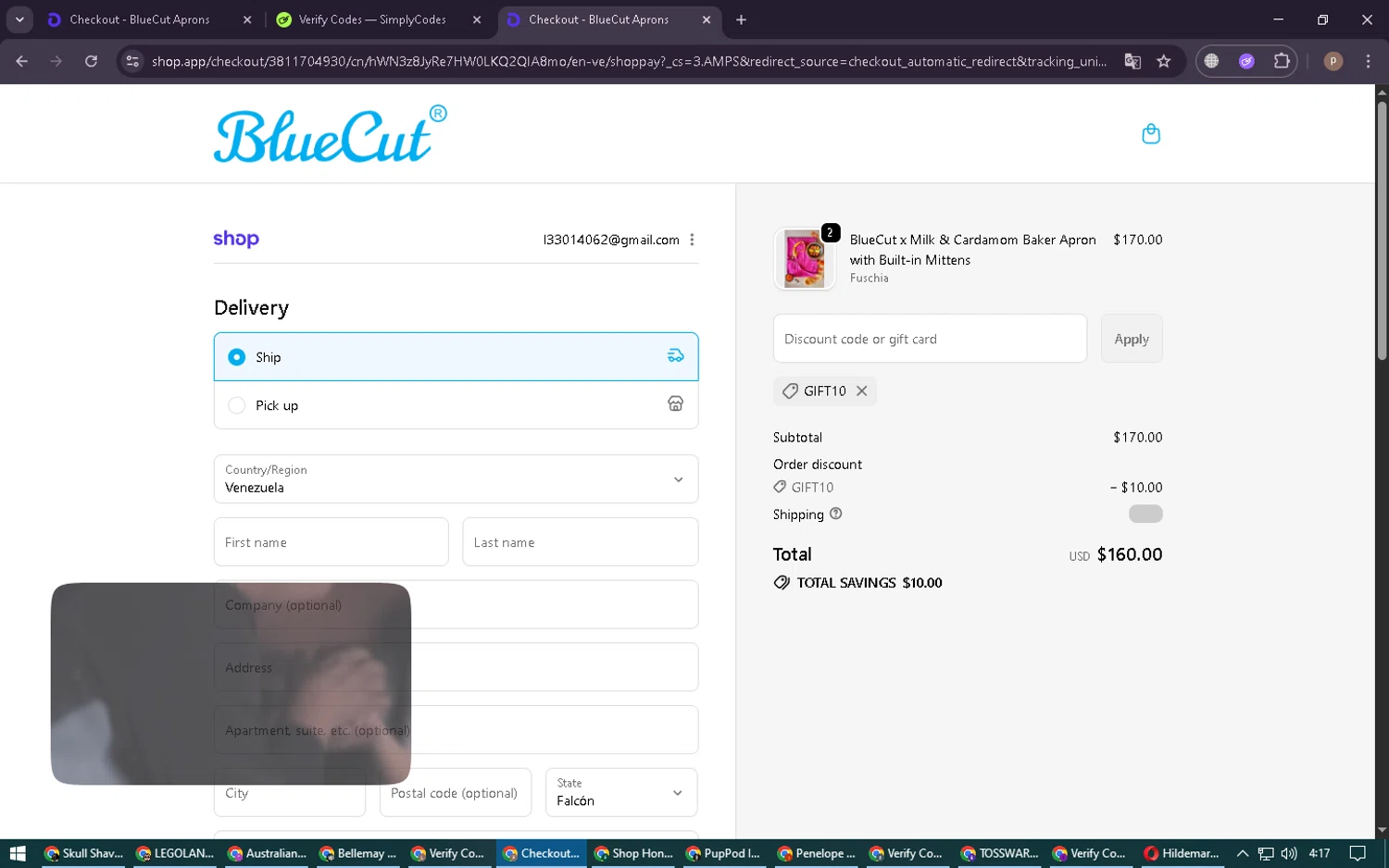 BlueCut promo code screenshot showing code gift10 applied at BlueCut checkout page. Uploaded by SimplyCodes community member RoyalSleuth6331 on Oct 11, 2025
