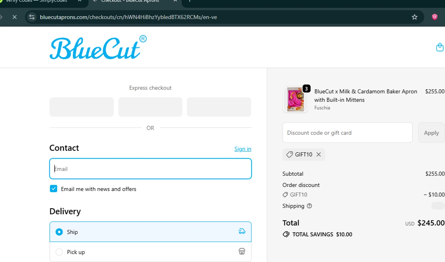 BlueCut promo code screenshot showing code gift10 applied at BlueCut checkout page. Uploaded by SimplyCodes community member SwiftHunter4675 on Oct 19, 2025