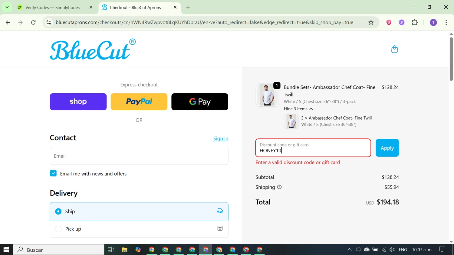 BlueCut promo code screenshot showing code HONEY10 applied at BlueCut checkout page. Uploaded by SimplyCodes community member FortunateCurator5882 on Oct 23, 2025