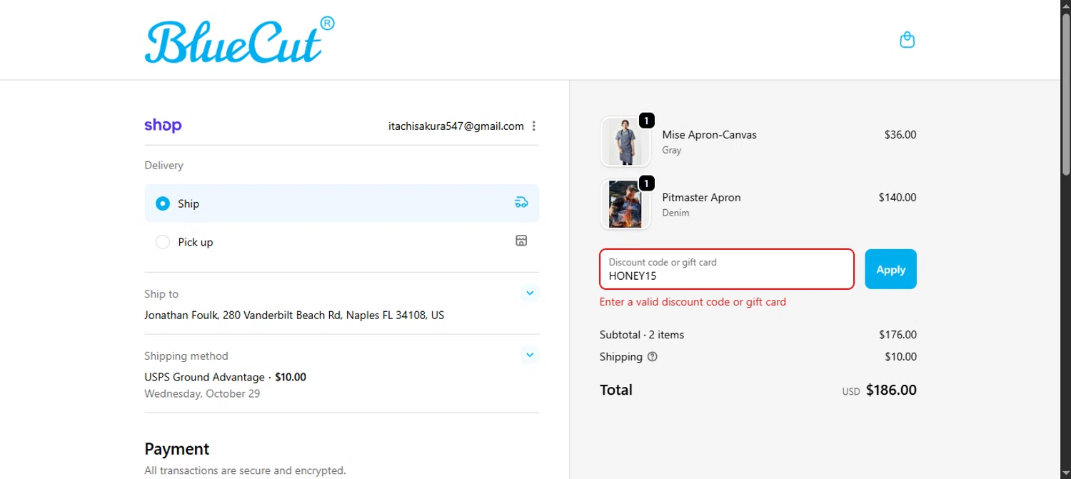 BlueCut promo code screenshot showing code HONEY15 applied at BlueCut checkout page. Uploaded by SimplyCodes community member noworries on Oct 23, 2025