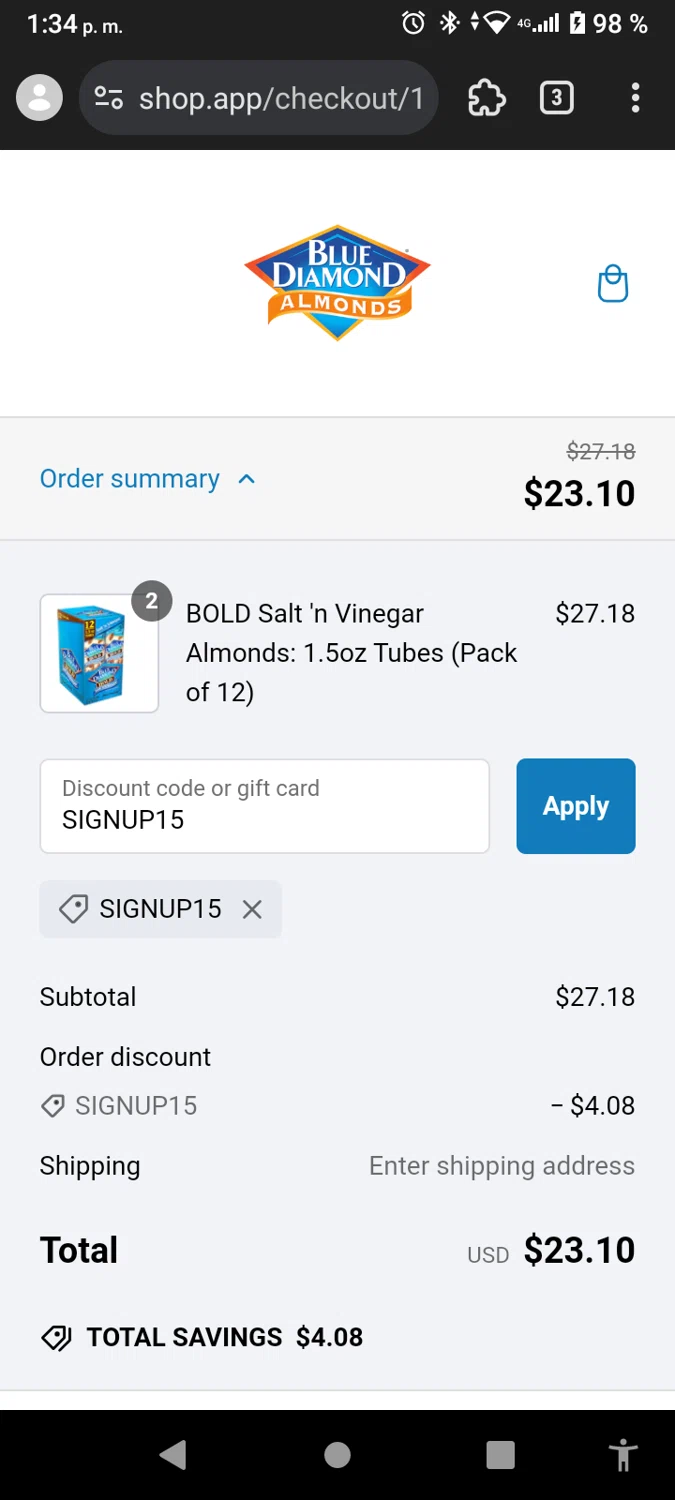 Blue Diamond Almonds coupon code screenshot showing code SIGNUP15 applied at Blue Diamond Almonds checkout page. Uploaded by SimplyCodes community member TomaTuYukota on Feb 8, 2025