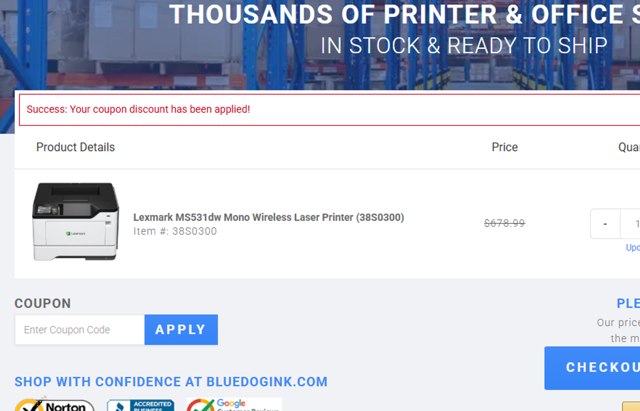 Bluedogink checkout page showing Bluedogink coupon code box | Screenshot taken by SimplyCodes community member on Jul 23, 2025