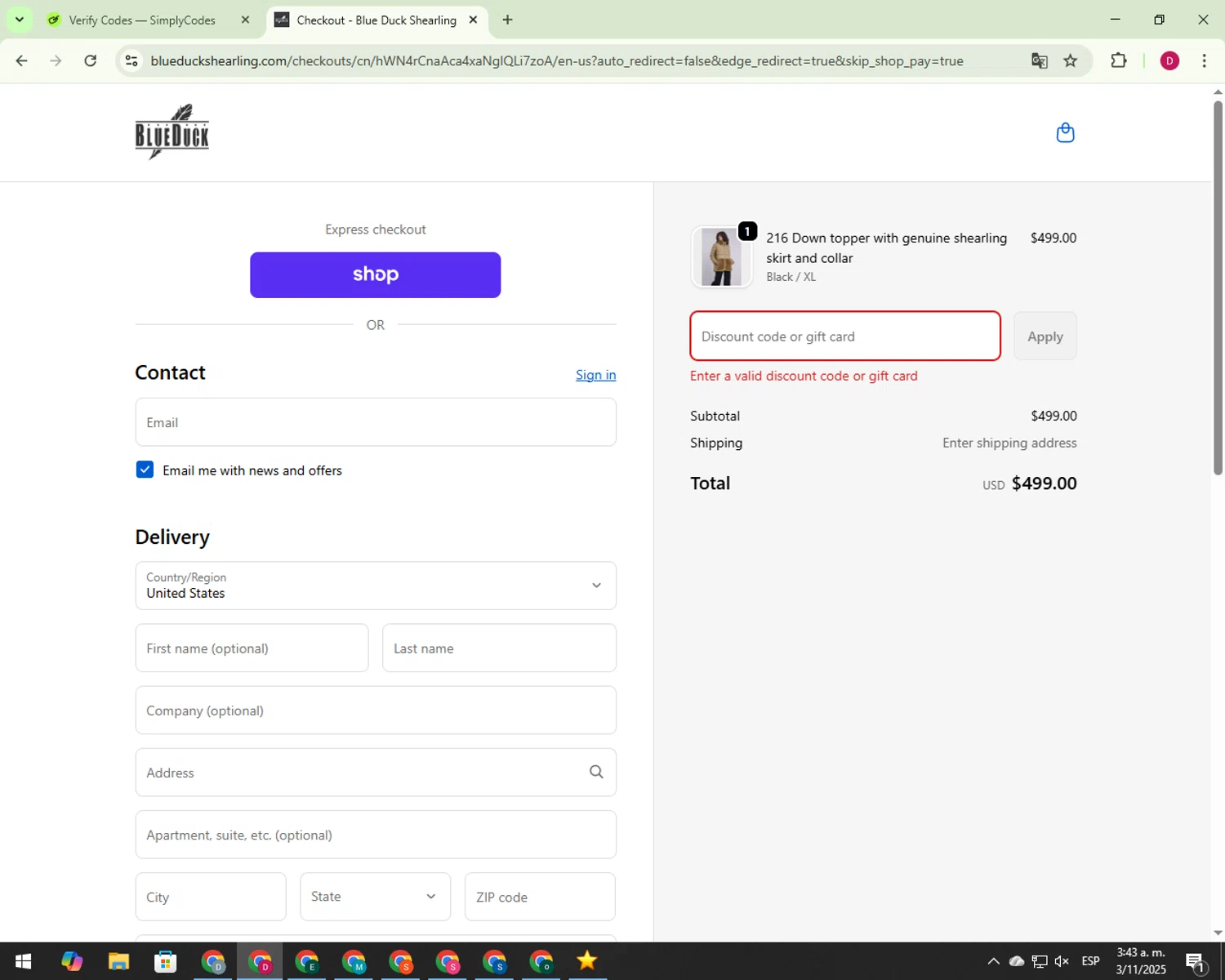 Blue Duck Shearling coupon code screenshot showing code EXTRA20 applied at Blue Duck Shearling checkout page. Uploaded by SimplyCodes community member 000012 on Nov 3, 2025