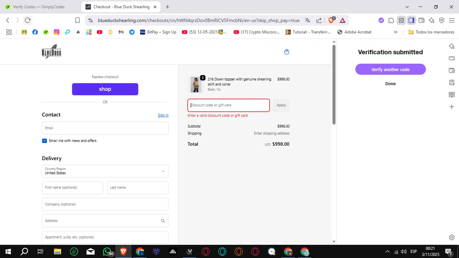 Blue Duck Shearling coupon code screenshot showing code EXTRA20 applied at Blue Duck Shearling checkout page. Uploaded by SimplyCodes community member Sungjinwoo on Nov 3, 2025