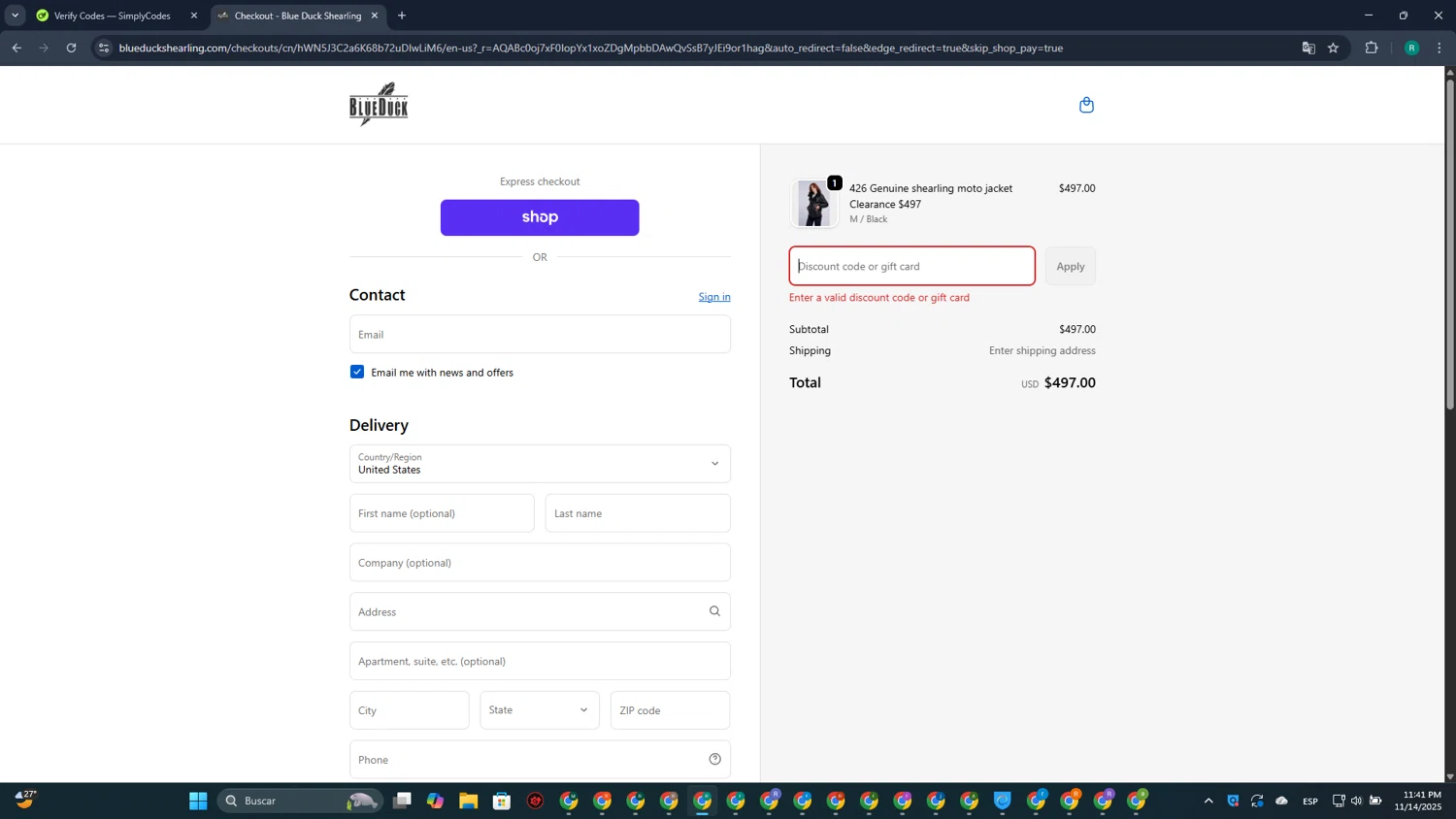 Blue Duck Shearling coupon code screenshot showing code usa25 applied at Blue Duck Shearling checkout page. Uploaded by SimplyCodes community member CleverCurator1217 on Nov 15, 2025