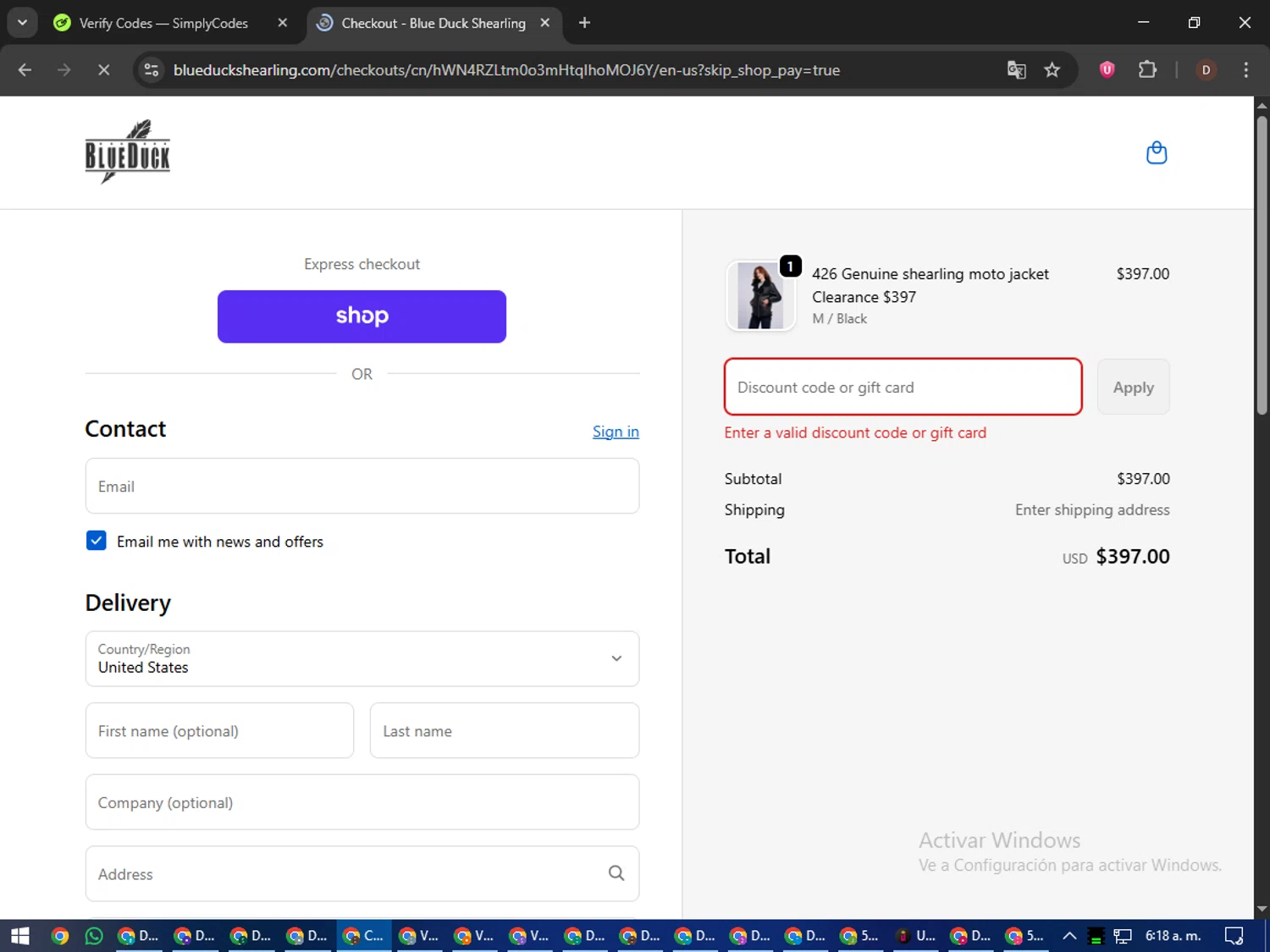 Blue Duck Shearling coupon code screenshot showing code usa25 applied at Blue Duck Shearling checkout page. Uploaded by SimplyCodes community member liltecca on Oct 23, 2025