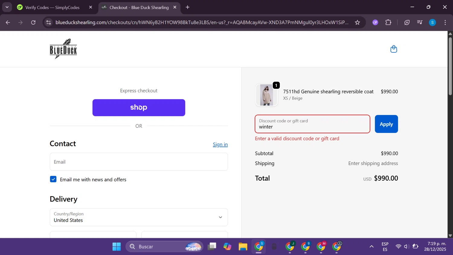 Blue Duck Shearling coupon code screenshot showing code winter applied at Blue Duck Shearling checkout page. Uploaded by SimplyCodes community member CodeExpert981 on Dec 28, 2025