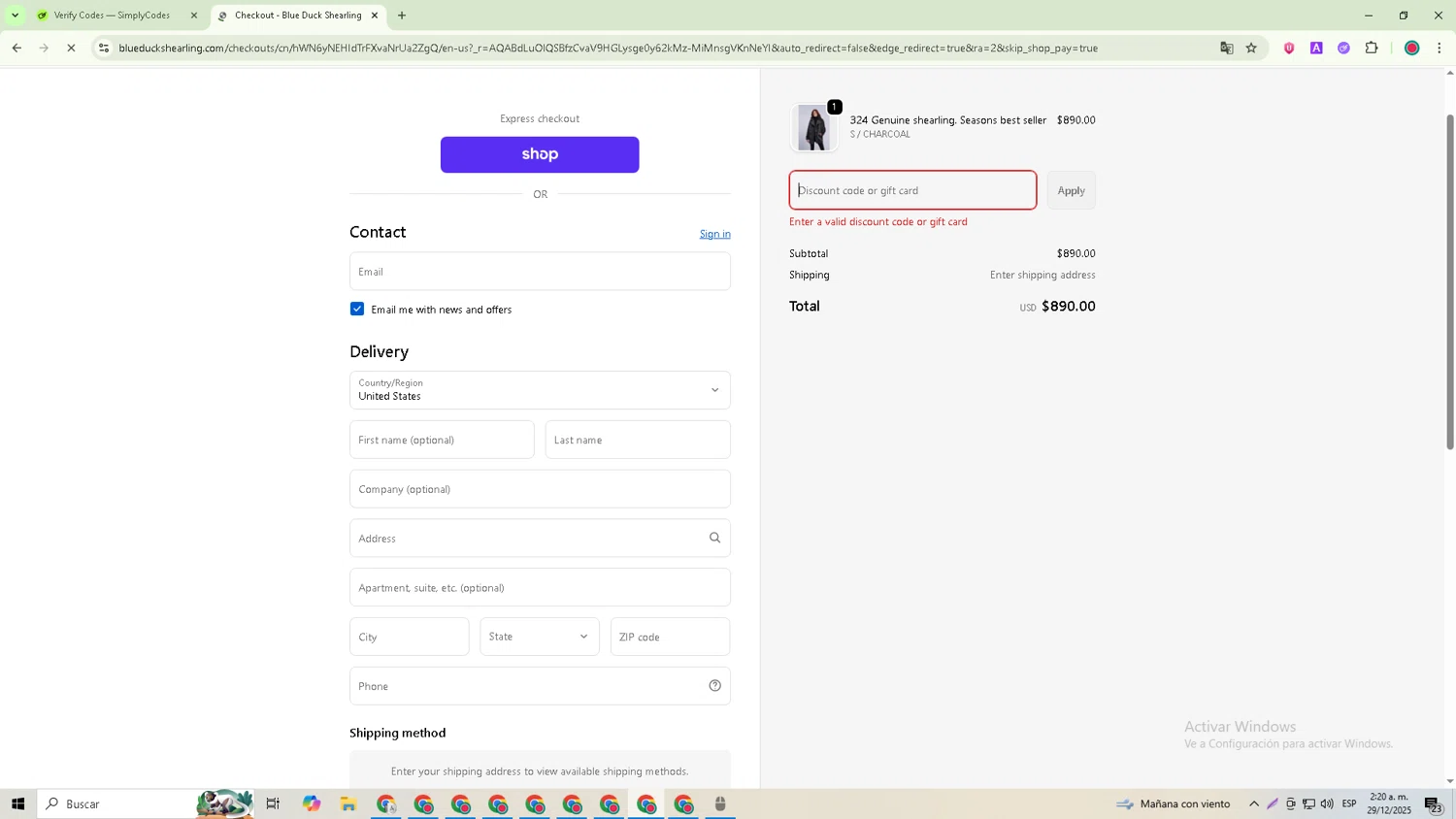 Blue Duck Shearling coupon code screenshot showing code winter applied at Blue Duck Shearling checkout page. Uploaded by SimplyCodes community member David_Garcia on Dec 29, 2025