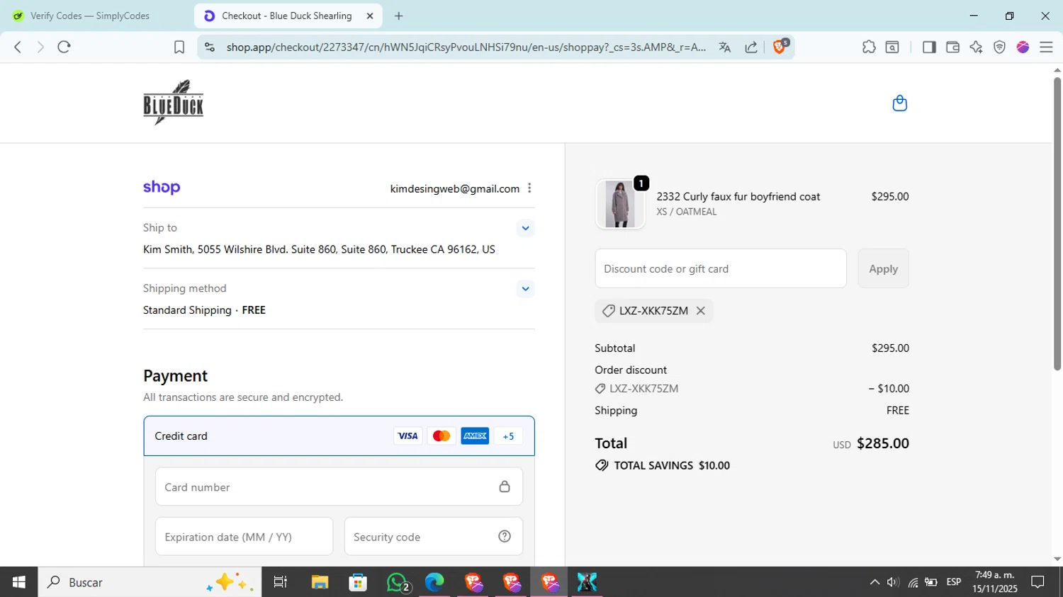 Blue Duck Shearling coupon code screenshot showing code LXZ-XKK75ZM applied at Blue Duck Shearling checkout page. Uploaded by SimplyCodes community member Kim_michi on Nov 15, 2025