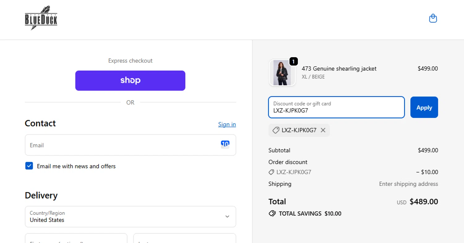 Blue Duck Shearling coupon code screenshot showing code LXZ-KJPK0G7 applied at Blue Duck Shearling checkout page. Uploaded by SimplyCodes community member Westcoll on Nov 14, 2025