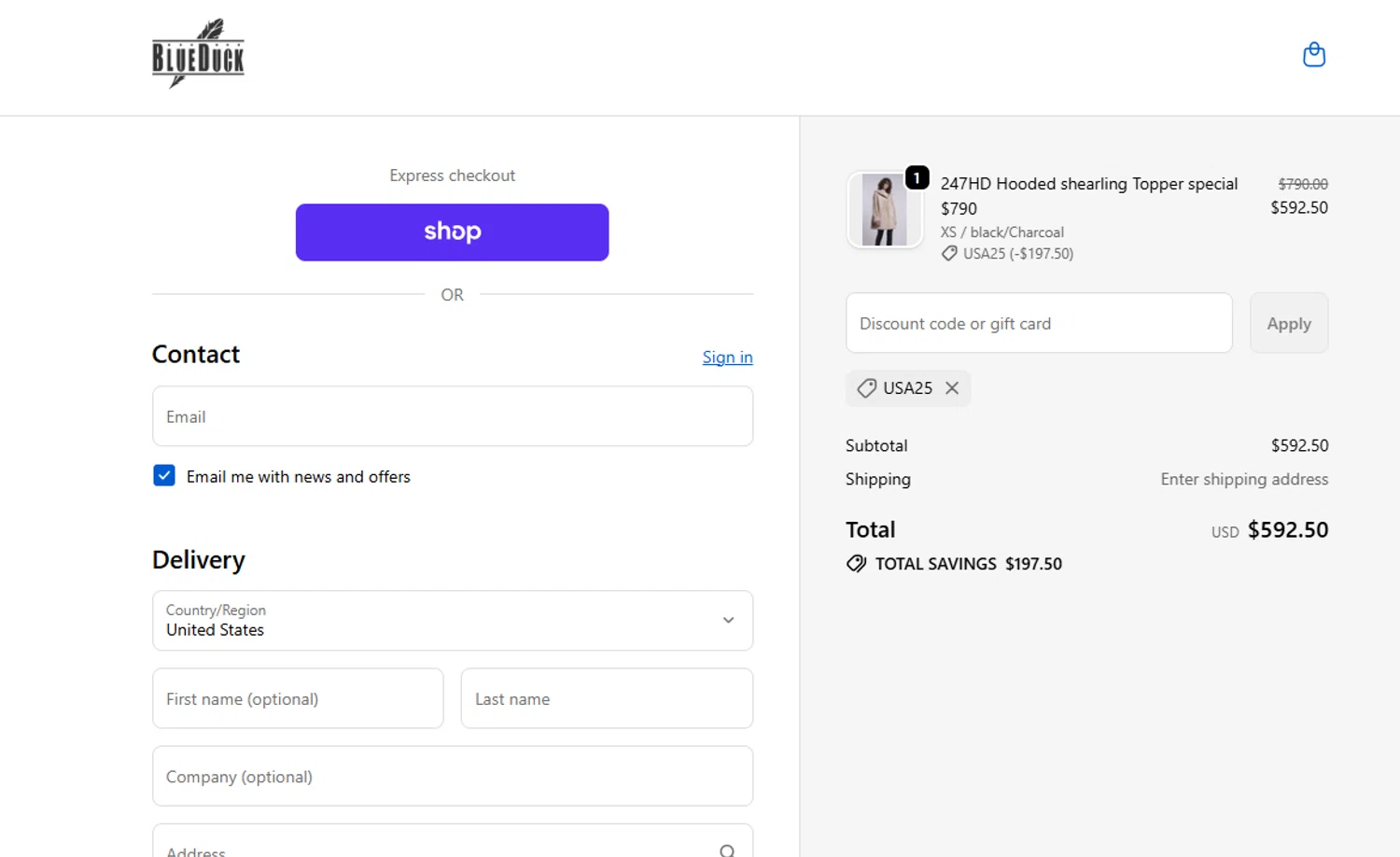 Blue Duck Shearling coupon code screenshot showing code usa25 applied at Blue Duck Shearling checkout page. Uploaded by SimplyCodes community member reimalave10 on Nov 3, 2025