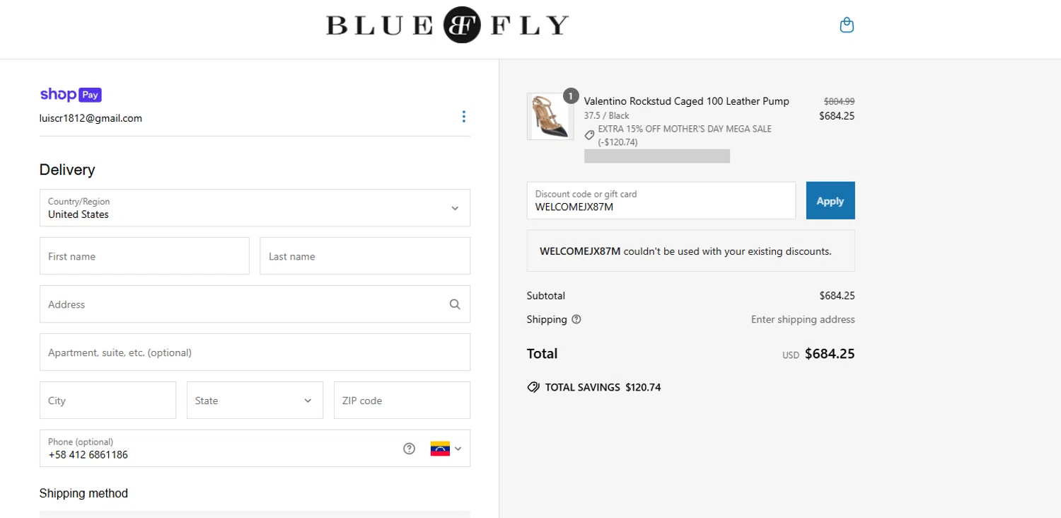Bluefly discount code screenshot showing code WELCOMEJX87M applied at Bluefly checkout page. Uploaded by SimplyCodes community member CashMonarch1137 on Apr 28, 2025