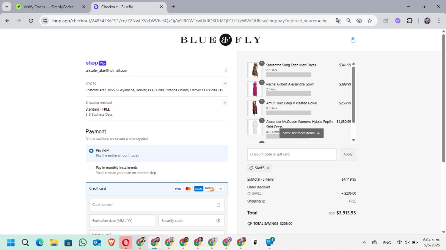 Bluefly discount code screenshot showing code SAVE5 applied at Bluefly checkout page. Uploaded by SimplyCodes community member MarielisPb on May 5, 2025