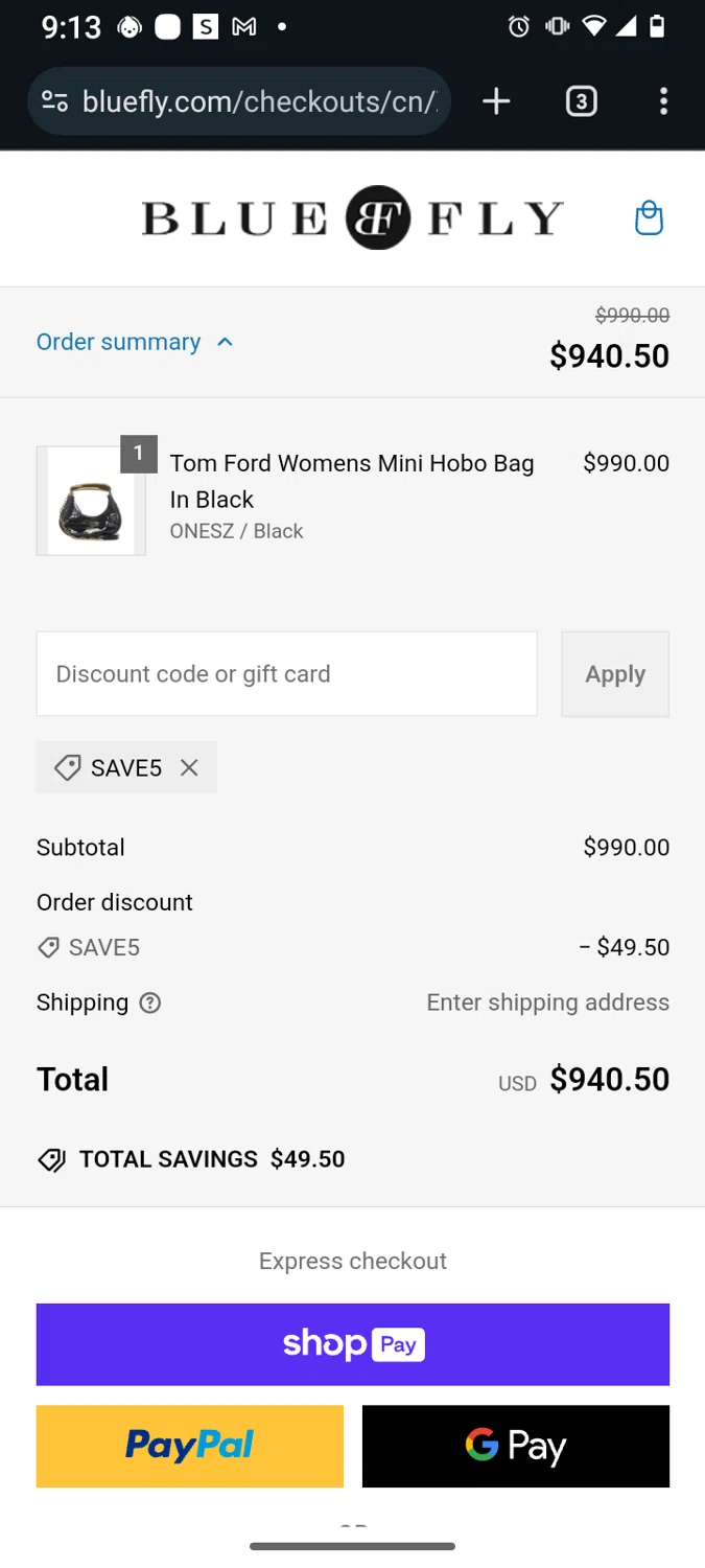 Bluefly discount code screenshot showing code SAVE5 applied at Bluefly checkout page. Uploaded by SimplyCodes community member Rambo12 on Mar 6, 2025