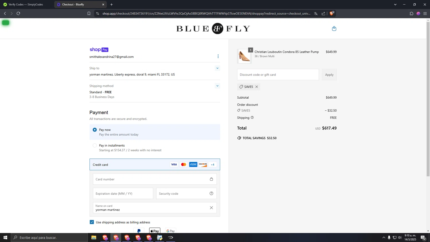 Bluefly discount code screenshot showing code SAVE5 applied at Bluefly checkout page. Uploaded by SimplyCodes community member RANK1VERIFIED on Mar 14, 2025