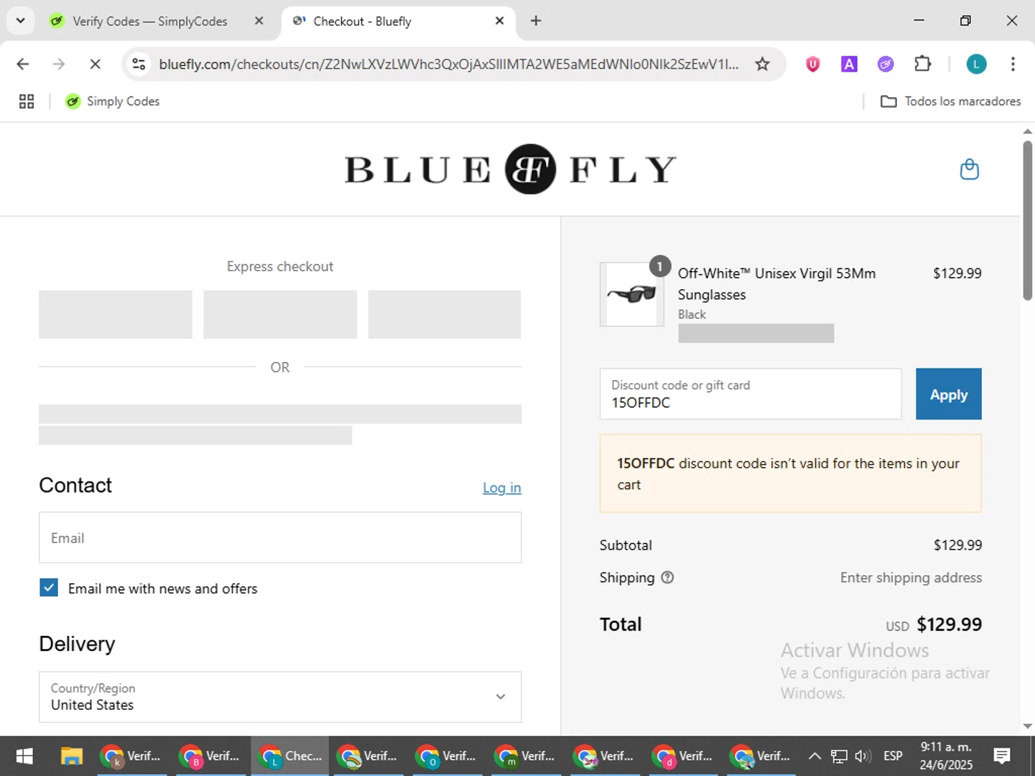 Bluefly discount code screenshot showing code 15OFFDC applied at Bluefly checkout page. Uploaded by SimplyCodes community member LuckyLegend792 on Jun 24, 2025