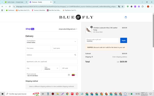 Bluefly checkout page showing Bluefly discount code box | Screenshot taken by SimplyCodes community member on Aug 26, 2025