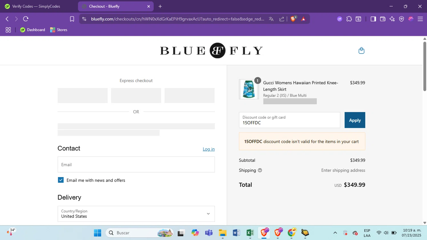 Bluefly discount code screenshot showing code 15OFFDC applied at Bluefly checkout page. Uploaded by SimplyCodes community member antoooooooooooooo on Jul 23, 2025
