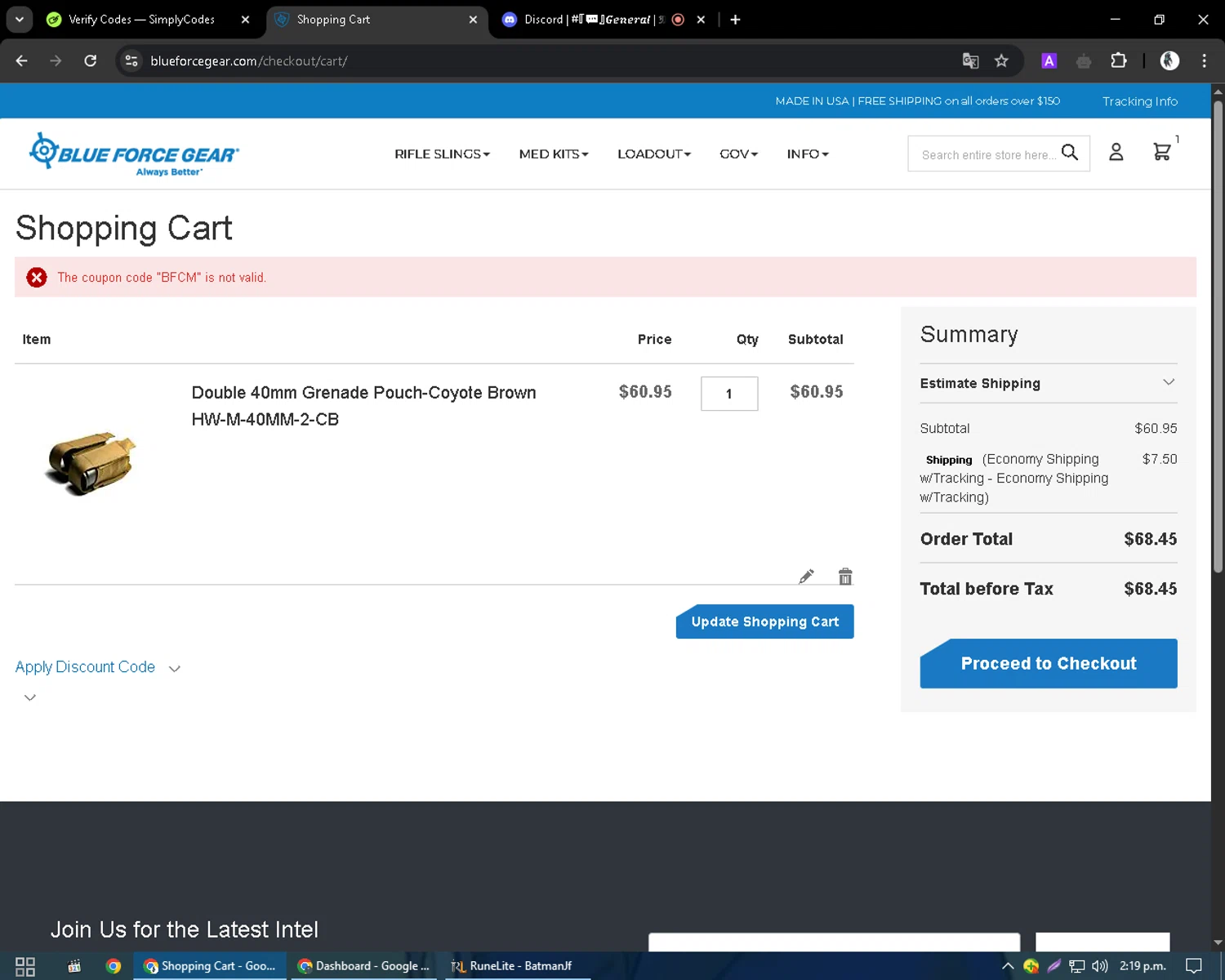 Blue Force Gear discount code screenshot showing code BFCM applied at Blue Force Gear checkout page. Uploaded by SimplyCodes community member CleverSentinel9441 on Apr 13, 2025