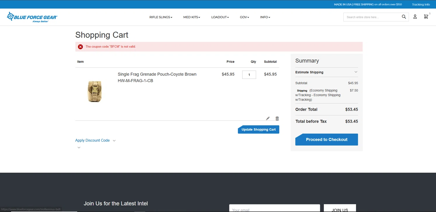 Blue Force Gear discount code screenshot showing code BFCM applied at Blue Force Gear checkout page. Uploaded by SimplyCodes community member ishidashoya on Apr 13, 2025