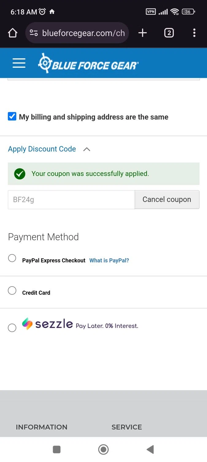 Blue Force Gear discount code screenshot showing code BF24g applied at Blue Force Gear checkout page. Uploaded by SimplyCodes community member JulesCrnel on Jan 9, 2025