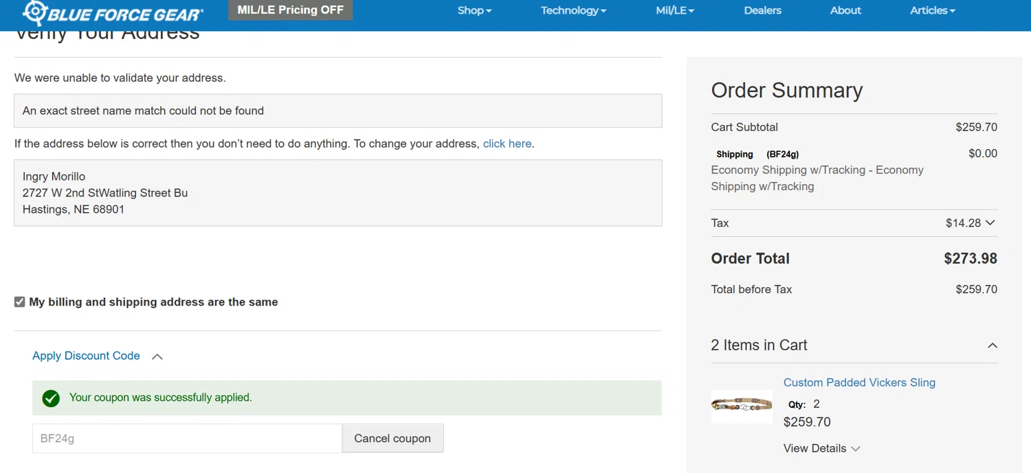 Blue Force Gear discount code screenshot showing code BF24g applied at Blue Force Gear checkout page. Uploaded by SimplyCodes community member Lisboa on Jan 1, 2025