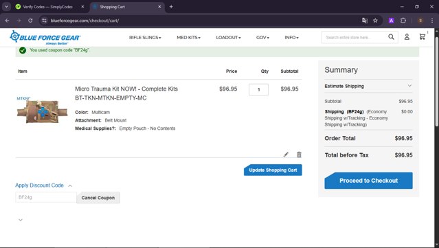 Blue Force Gear checkout page showing Blue Force Gear discount code box | Screenshot taken by SimplyCodes community member on Jul 28, 2025