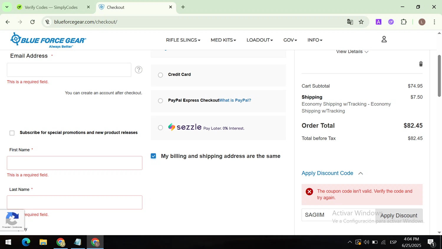 Blue Force Gear discount code screenshot showing code SAGIIM applied at Blue Force Gear checkout page. Uploaded by SimplyCodes community member CodeCaptain8882 on Jun 25, 2025