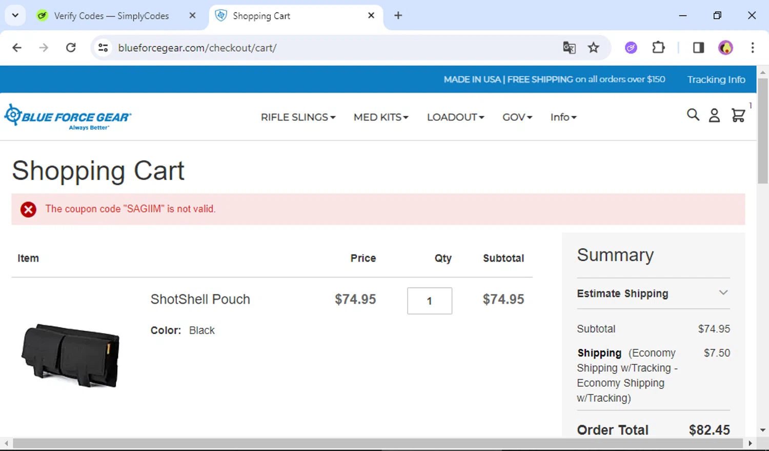 Blue Force Gear discount code screenshot showing code SAGIIM applied at Blue Force Gear checkout page. Uploaded by SimplyCodes community member PMALONE on Jun 25, 2025