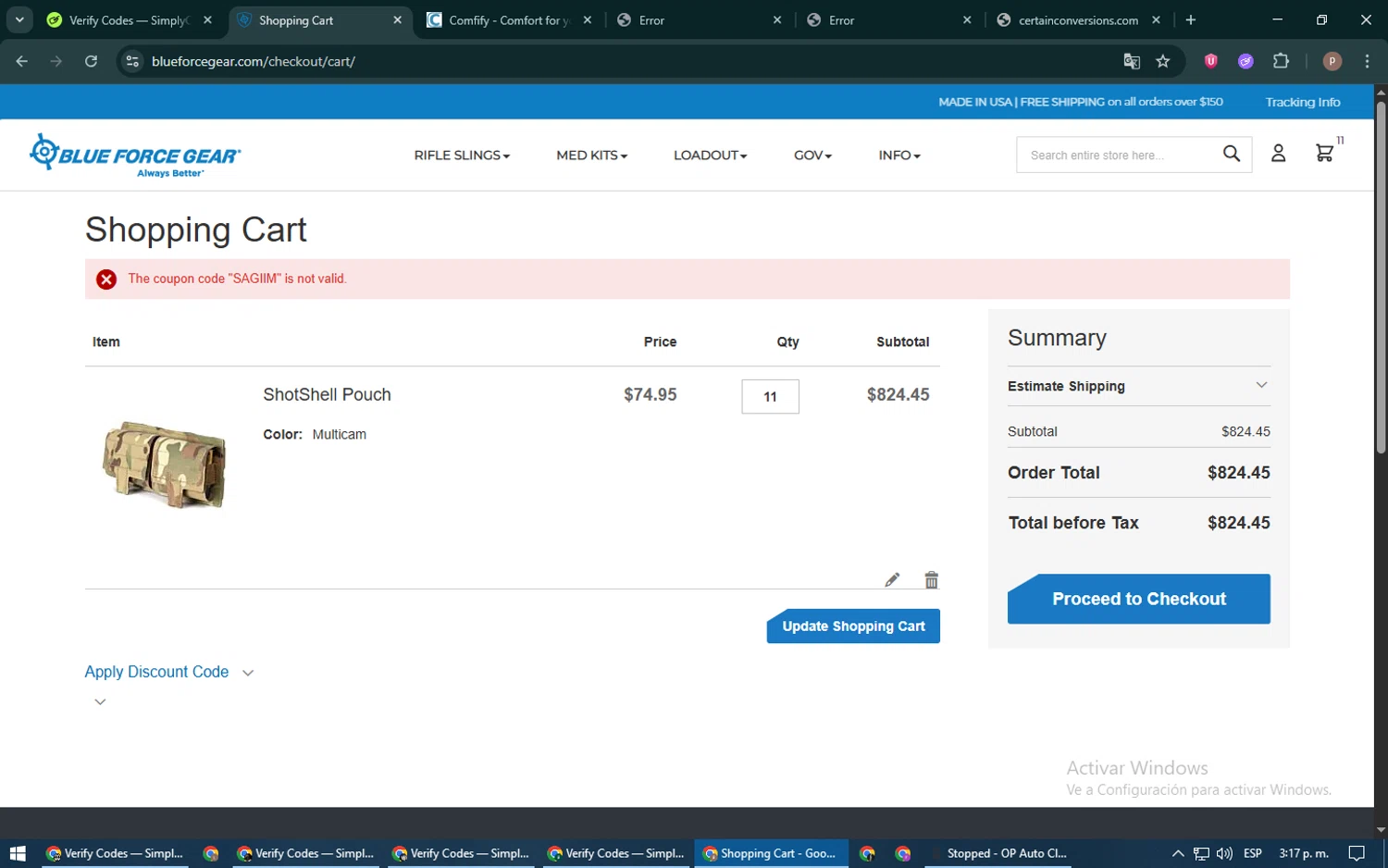 Blue Force Gear discount code screenshot showing code SAGIIM applied at Blue Force Gear checkout page. Uploaded by SimplyCodes community member RoyalSleuth6331 on Jun 25, 2025