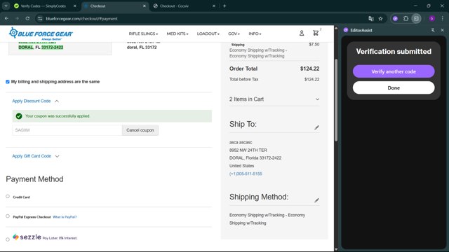 Blue Force Gear checkout page showing Blue Force Gear discount code box | Screenshot taken by SimplyCodes community member on Apr 28, 2025