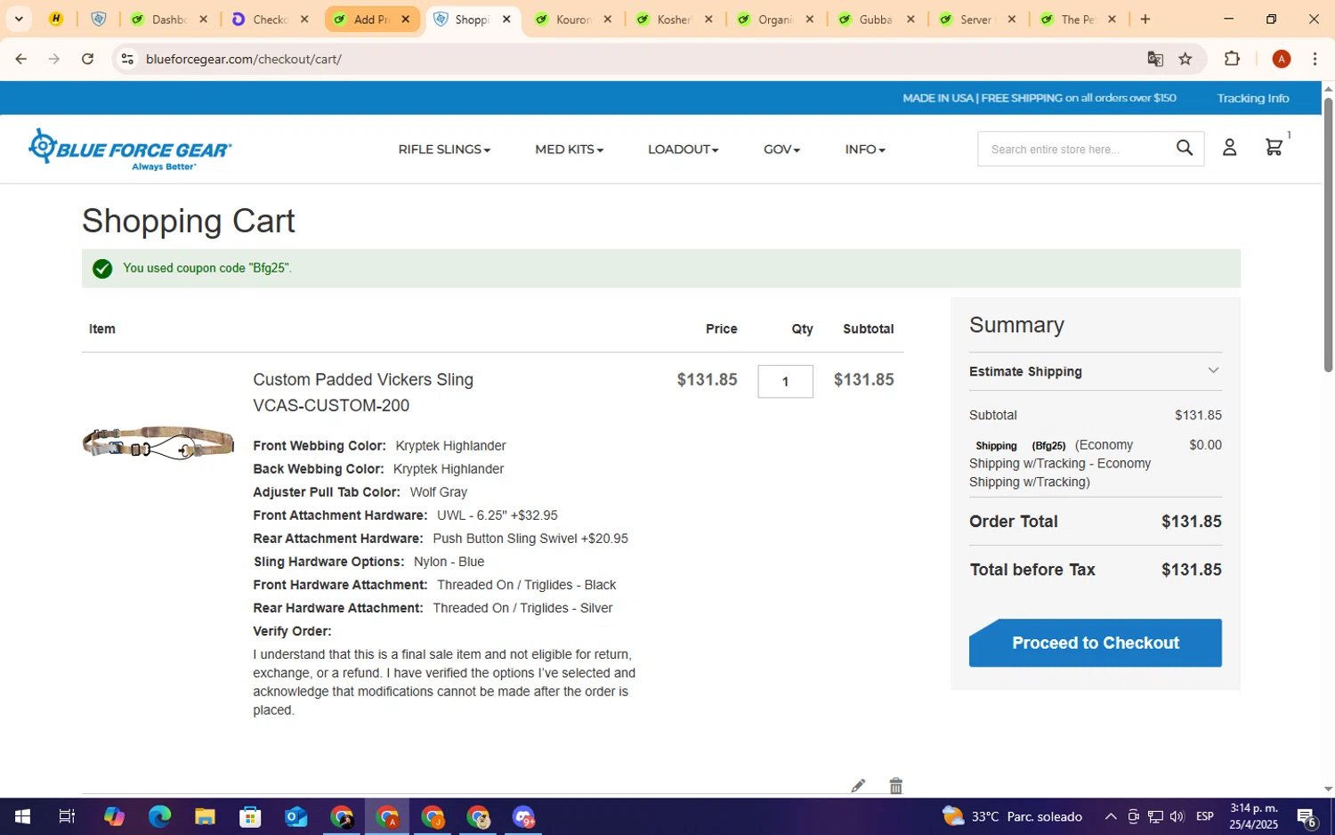 Blue Force Gear discount code screenshot showing code Bfg25 applied at Blue Force Gear checkout page. Uploaded by SimplyCodes community member CryBabyy on Apr 25, 2025