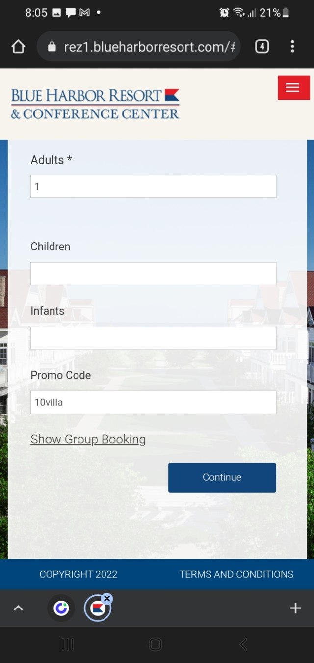 Blue Harbor Resort checkout page showing Blue Harbor Resort promo code box | Screenshot taken by SimplyCodes community member on Mar 27, 2022